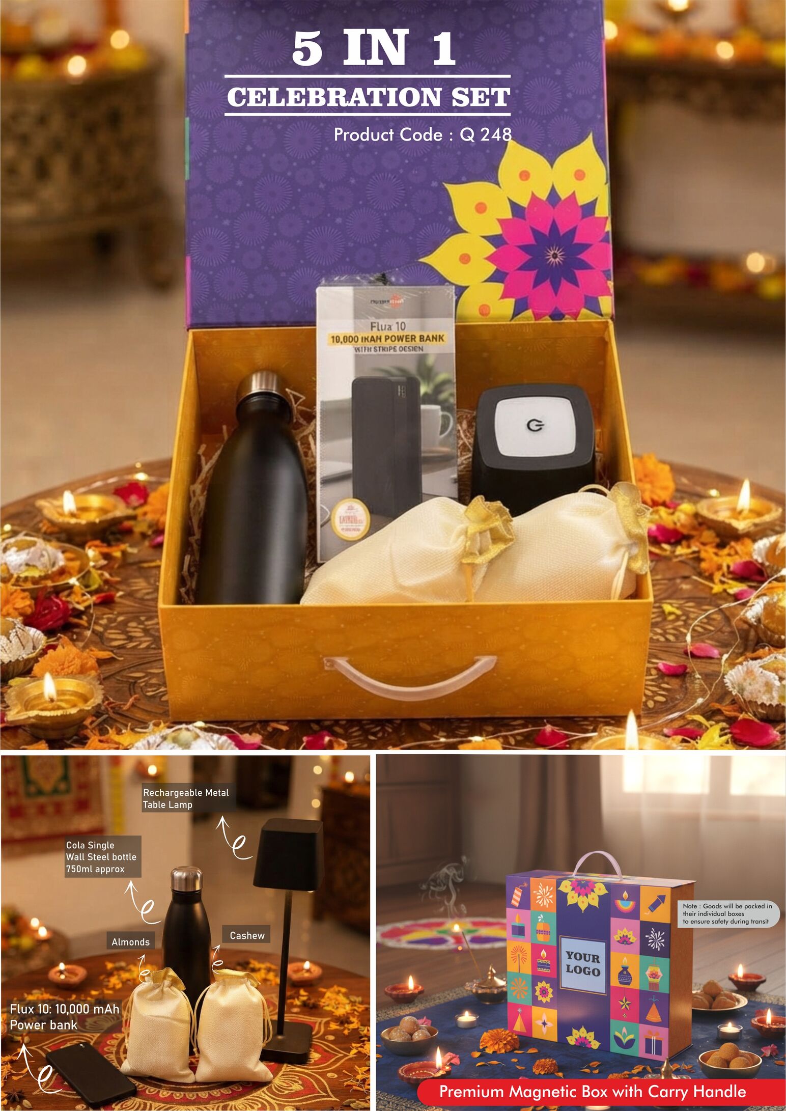 Q248 – Celebrations Set of 5: Lumibloc Rechargeable Lamp, Cola SS Bottle 750Ml, 10,000 mAh Power Bank, Almonds in pouch packing, Cashews in pouch packing in Magnetic Gift Box with Handle - Min 10 pcs - Image 2