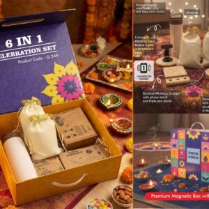 Q249 – Celebrations Set of 6: Safesip Tilt Glass bottle, Folding & Rotating Clear Bamboo Mobile Stand, Bamboo 15W Fast Wireless Charger, Bamboo 60W Cable Set, Almonds in pouch packing, Cashews in pouch packing in Magnetic Gift Box with Handle - Min 10 pcs