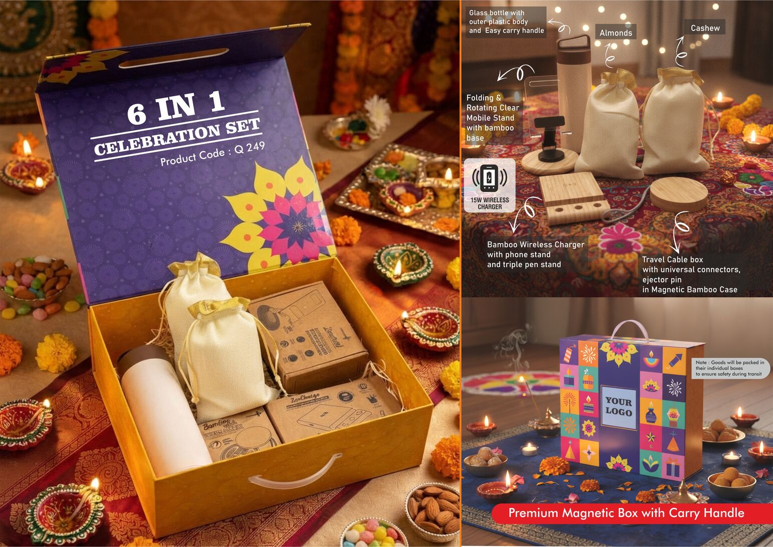 Q249 – Celebrations Set of 6: Safesip Tilt Glass bottle, Folding & Rotating Clear Bamboo Mobile Stand, Bamboo 15W Fast Wireless Charger, Bamboo 60W Cable Set, Almonds in pouch packing, Cashews in pouch packing in Magnetic Gift Box with Handle - Min 10 pcs