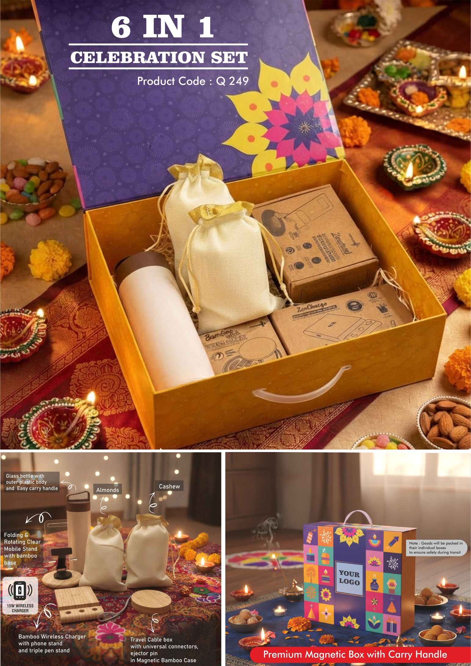 Q249 – Celebrations Set of 6: Safesip Tilt Glass bottle, Folding & Rotating Clear Bamboo Mobile Stand, Bamboo 15W Fast Wireless Charger, Bamboo 60W Cable Set, Almonds in pouch packing, Cashews in pouch packing in Magnetic Gift Box with Handle - Min 10 pcs - Image 2