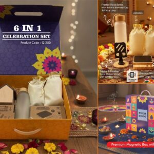 Q250 – Celebrations Set of 6: Wooden LED Clock, Bamboo Mobile stand, Frosted glass bottle with bamboo cap, Bamboo 15W Fast Wireless Charger, Almonds in pouch packing, Cashews in pouch packing in Magnetic Gift Box with Handle - Min 10 pcs