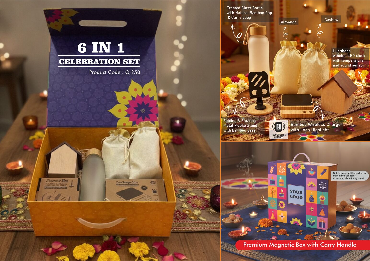 Q250 – Celebrations Set of 6: Wooden LED Clock, Bamboo Mobile stand, Frosted glass bottle with bamboo cap, Bamboo 15W Fast Wireless Charger, Almonds in pouch packing, Cashews in pouch packing in Magnetic Gift Box with Handle - Min 10 pcs