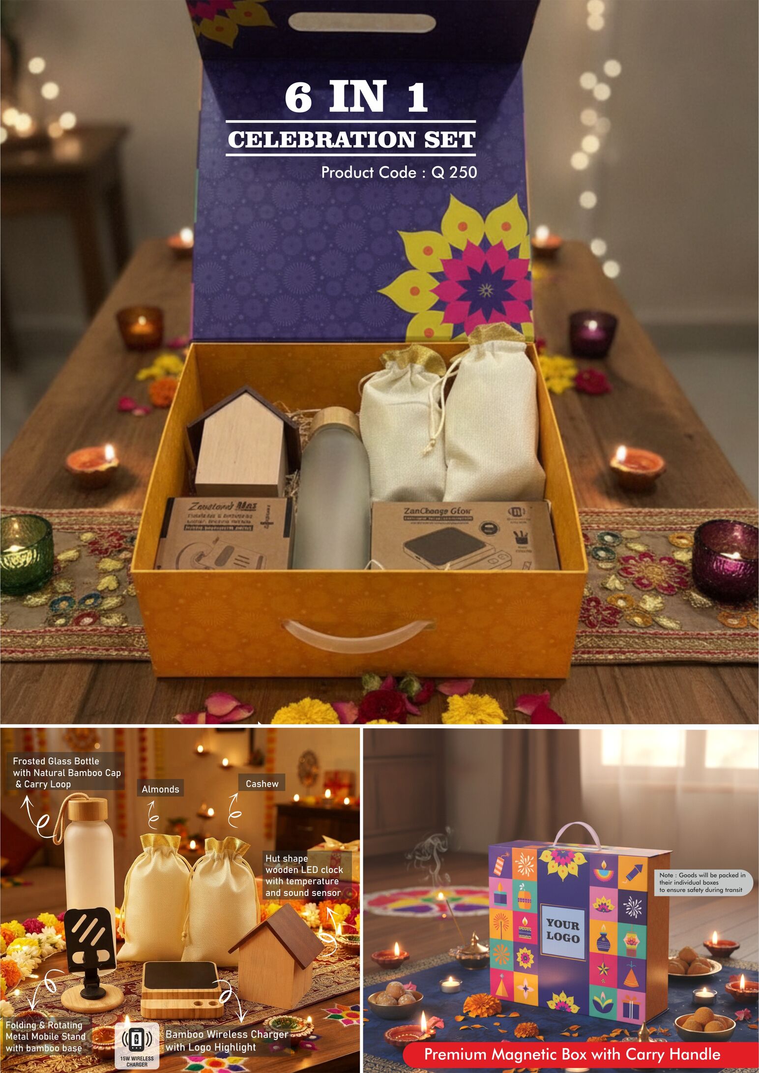 Q250 – Celebrations Set of 6: Wooden LED Clock, Bamboo Mobile stand, Frosted glass bottle with bamboo cap, Bamboo 15W Fast Wireless Charger, Almonds in pouch packing, Cashews in pouch packing in Magnetic Gift Box with Handle - Min 10 pcs - Image 2