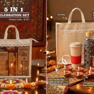 Q251 – Celebrations Set of 4: Tall Bamboo Fiber Mug, Borosilicate glass bottle with Silicon Sleeve, Sugarfree D’Lite Cookies, LED Light Diya Set of 6 in Jute Gift Bag– Min 10 pcs