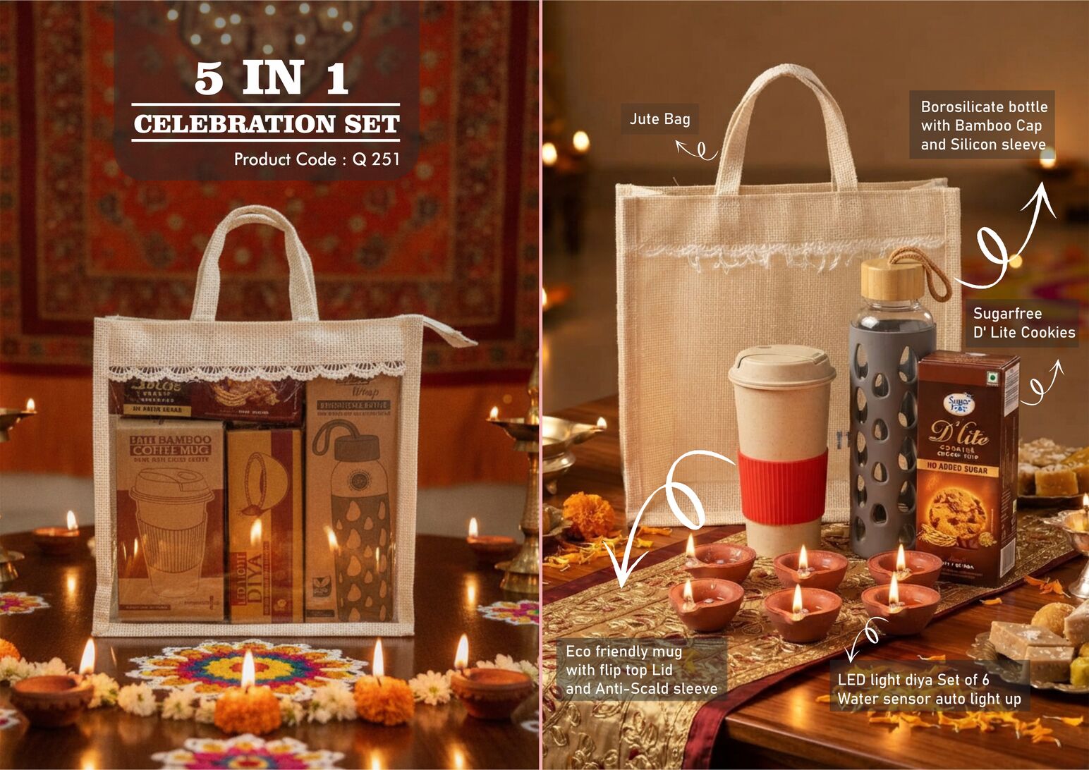 Q251 – Celebrations Set of 4: Tall Bamboo Fiber Mug, Borosilicate glass bottle with Silicon Sleeve, Sugarfree D’Lite Cookies, LED Light Diya Set of 6 in Jute Gift Bag– Min 10 pcs