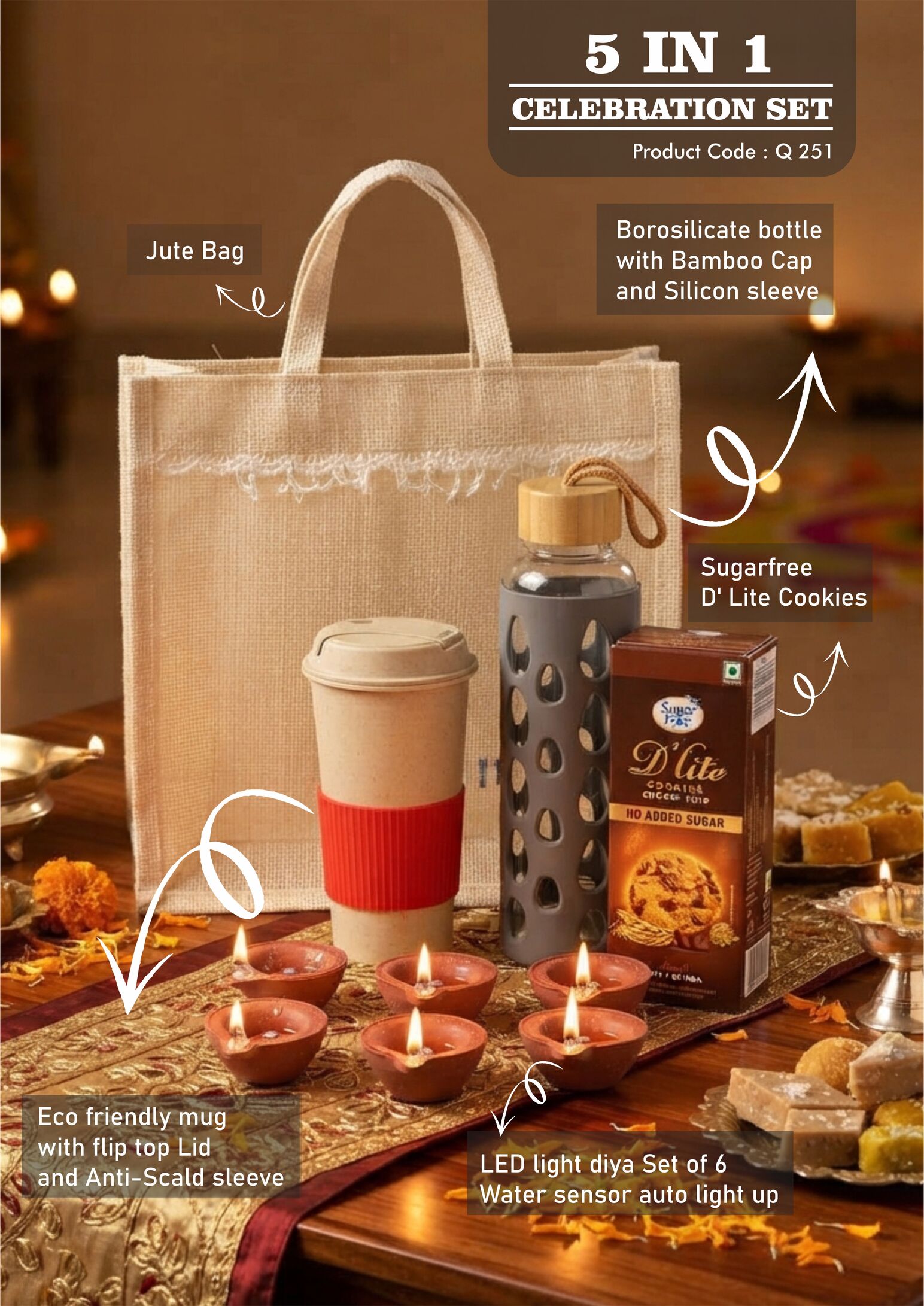 Q251 – Celebrations Set of 4: Tall Bamboo Fiber Mug, Borosilicate glass bottle with Silicon Sleeve, Sugarfree D’Lite Cookies, LED Light Diya Set of 6 in Jute Gift Bag– Min 10 pcs - Image 2