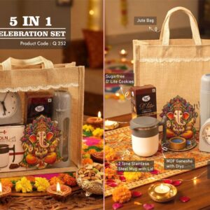 Q252 – Celebrations Set of 5: Premium SS mug, Sugarfree D’Lite Cookies, Rechargeable Backlight Alarm Clock, Groove texture Glass bottle, MDF Ganesha with Diya in Jute Gift Bag– Min 10 pcs