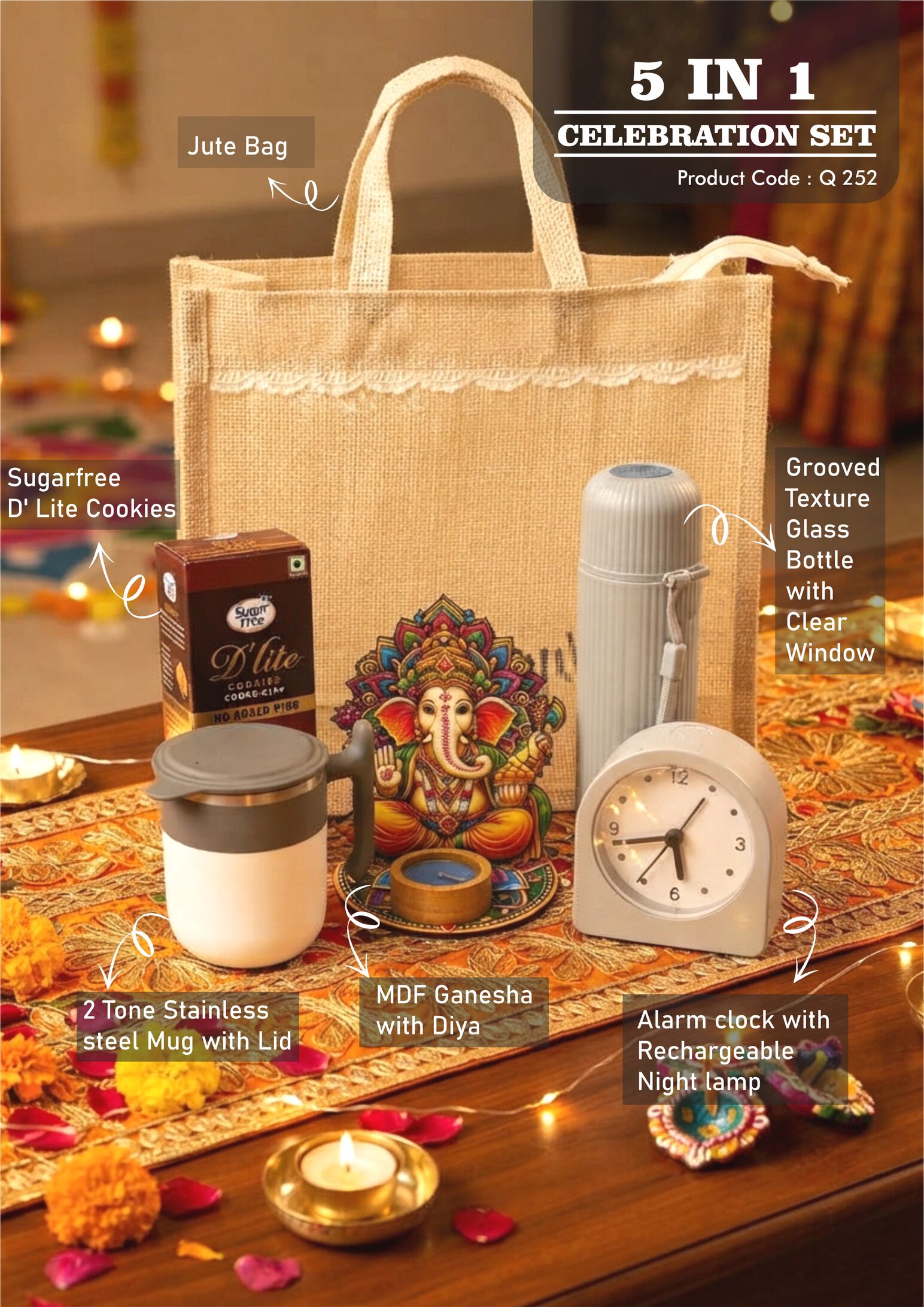 Q252 – Celebrations Set of 5: Premium SS mug, Sugarfree D’Lite Cookies, Rechargeable Backlight Alarm Clock, Groove texture Glass bottle, MDF Ganesha with Diya in Jute Gift Bag– Min 10 pcs - Image 2