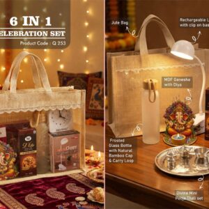 Q253 – Celebrations Set of 6: Frosted glass bottle with bamboo cap, Rechargeable Backlight Alarm Clock, Divine Mini Pooja Thali Set, MDF Ganesha with Diya, Sugarfree D’Lite Cookies, Rechargeable Lamp with Clip on Base in Jute Gift Bag– Min 10 pcs