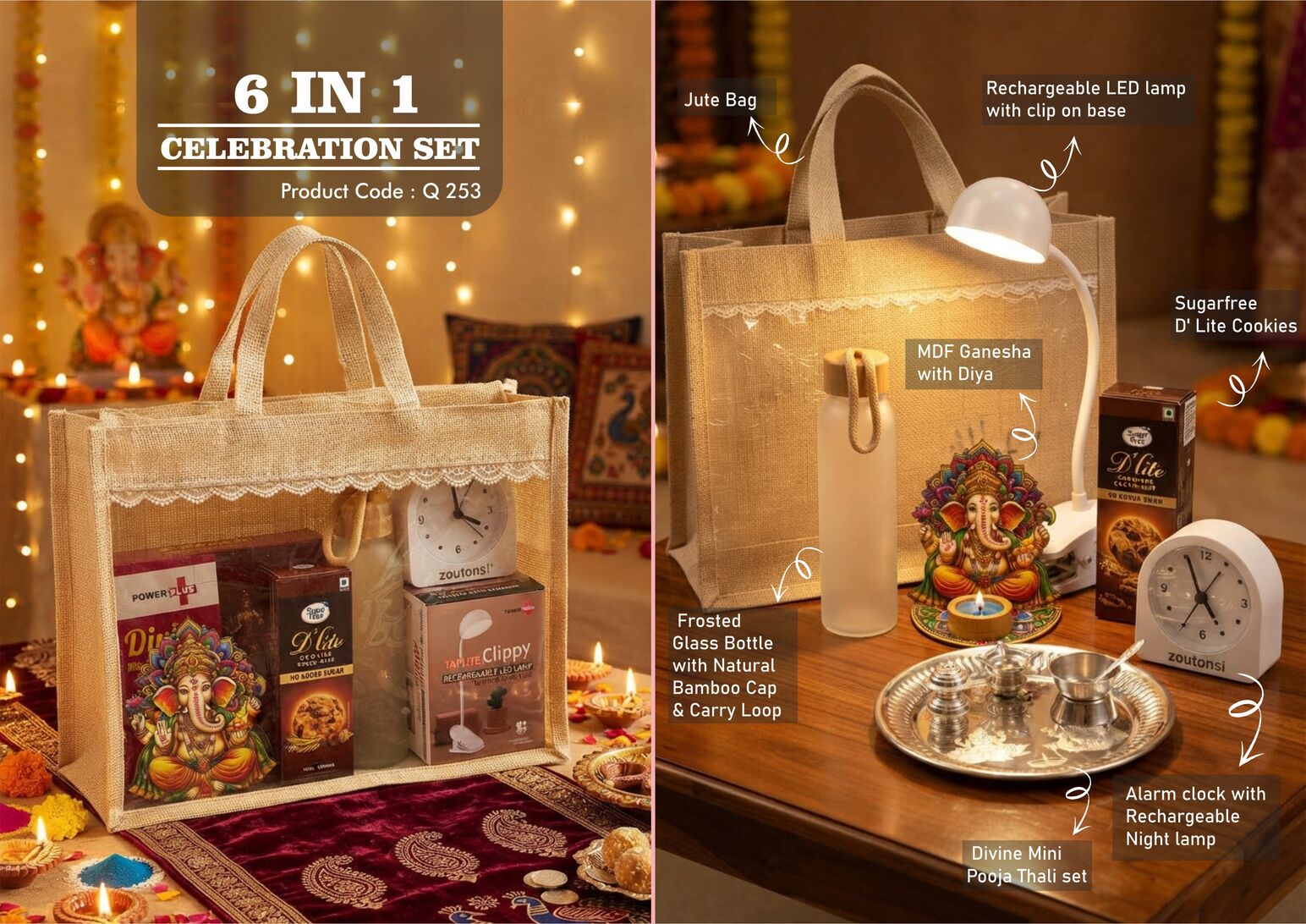 Q253 – Celebrations Set of 6: Frosted glass bottle with bamboo cap, Rechargeable Backlight Alarm Clock, Divine Mini Pooja Thali Set, MDF Ganesha with Diya, Sugarfree D’Lite Cookies, Rechargeable Lamp with Clip on Base in Jute Gift Bag– Min 10 pcs