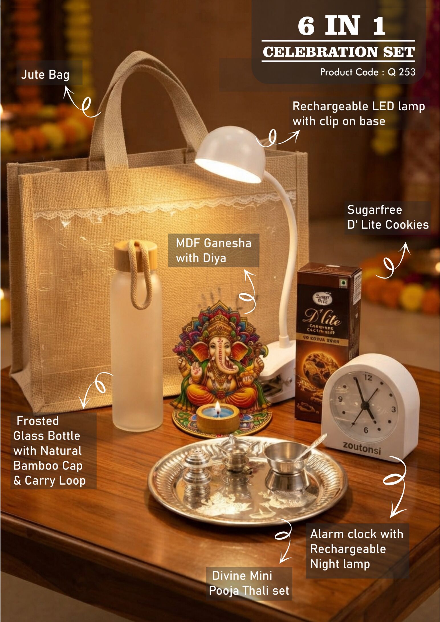 Q253 – Celebrations Set of 6: Frosted glass bottle with bamboo cap, Rechargeable Backlight Alarm Clock, Divine Mini Pooja Thali Set, MDF Ganesha with Diya, Sugarfree D’Lite Cookies, Rechargeable Lamp with Clip on Base in Jute Gift Bag– Min 10 pcs - Image 2