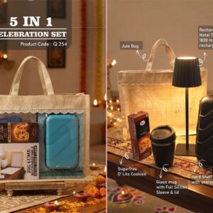 Q254 – Celebrations Set of 4: ZigLume Rechargeable Lamp, Glass Mug with Silicon Cover, Hard Shell Travel Organizer, Sugarfree D’Lite Cookies in Jute Gift Bag– Min 10 pcs