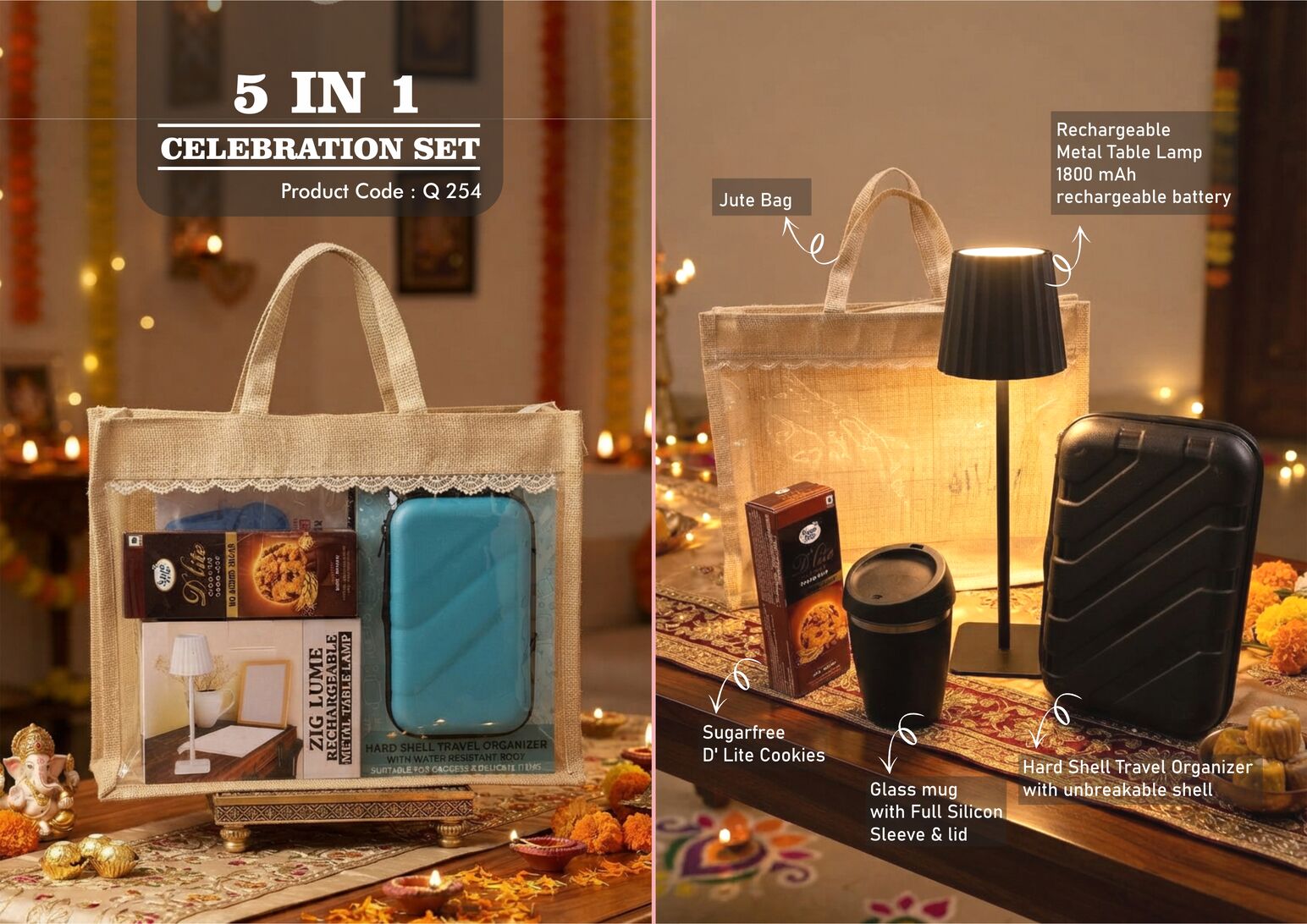 Q254 – Celebrations Set of 4: ZigLume Rechargeable Lamp, Glass Mug with Silicon Cover, Hard Shell Travel Organizer, Sugarfree D’Lite Cookies in Jute Gift Bag– Min 10 pcs