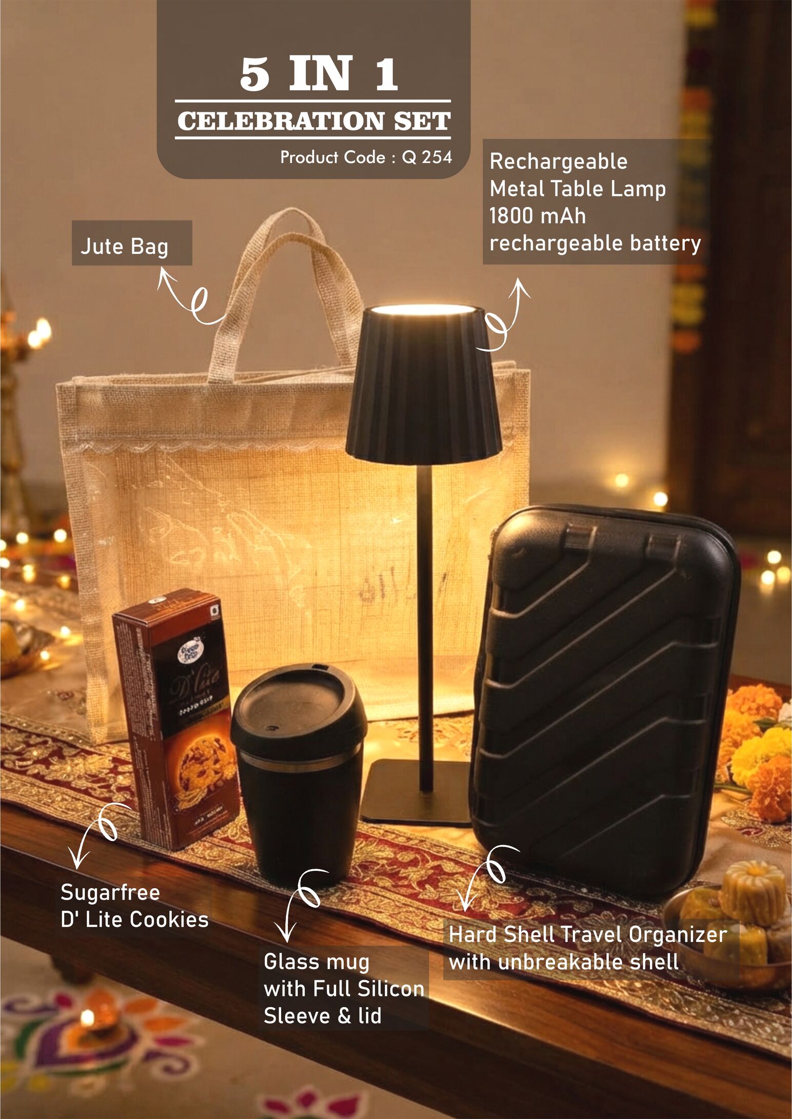 Q254 – Celebrations Set of 4: ZigLume Rechargeable Lamp, Glass Mug with Silicon Cover, Hard Shell Travel Organizer, Sugarfree D’Lite Cookies in Jute Gift Bag– Min 10 pcs - Image 2