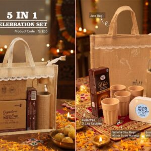Q255 – Celebrations Set of 4: LCD Timer Clock with Backlight, 4 x Eco Chai Mug Set, Glass bottle with Jute sleeve, Sugarfree D’Lite Cookies in Jute Gift Bag– Min 10 pcs