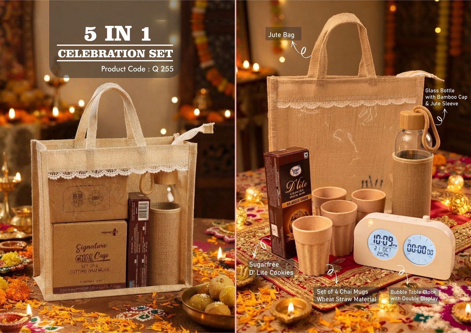Q255 – Celebrations Set of 4: LCD Timer Clock with Backlight, 4 x Eco Chai Mug Set, Glass bottle with Jute sleeve, Sugarfree D’Lite Cookies in Jute Gift Bag– Min 10 pcs