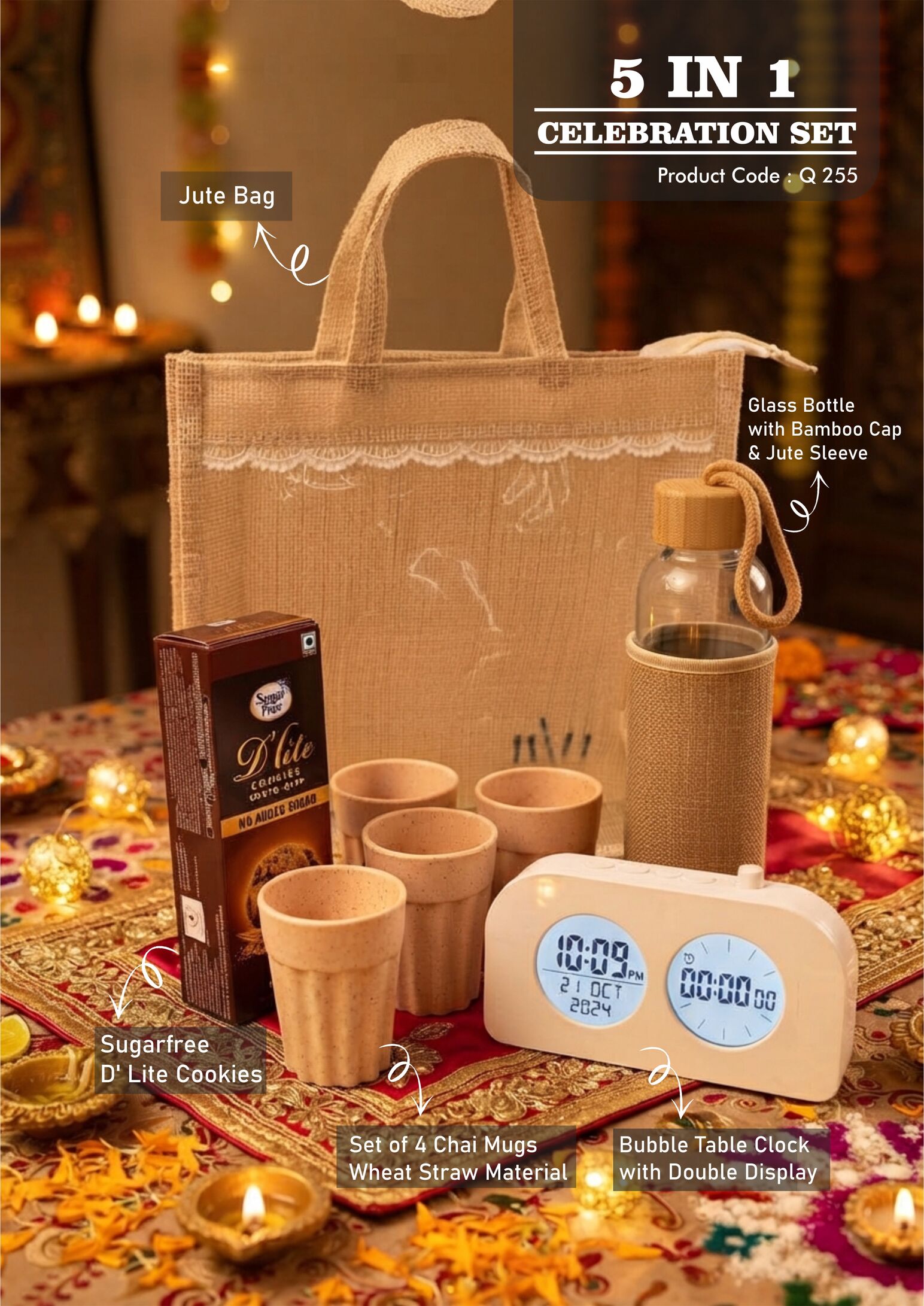 Q255 – Celebrations Set of 4: LCD Timer Clock with Backlight, 4 x Eco Chai Mug Set, Glass bottle with Jute sleeve, Sugarfree D’Lite Cookies in Jute Gift Bag– Min 10 pcs - Image 2