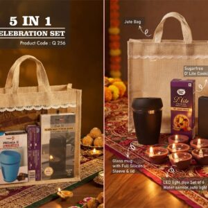 Q256 – Celebrations Set of 4: Glass Mug with Silicon Cover, Sugarfree D’Lite Cookies, 10,000 mAh Power Bank, LED Light Diya Set of 6 in Jute Gift Bag– Min 10 pcs