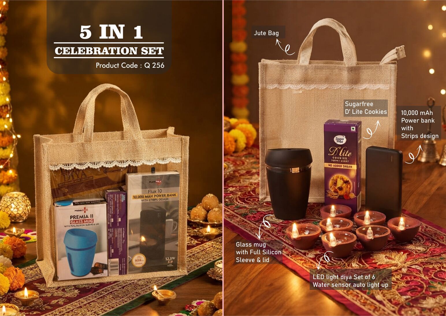 Q256 – Celebrations Set of 4: Glass Mug with Silicon Cover, Sugarfree D’Lite Cookies, 10,000 mAh Power Bank, LED Light Diya Set of 6 in Jute Gift Bag– Min 10 pcs
