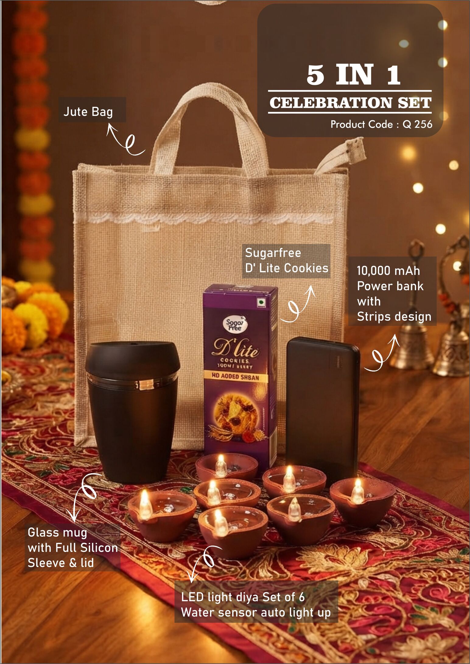 Q256 – Celebrations Set of 4: Glass Mug with Silicon Cover, Sugarfree D’Lite Cookies, 10,000 mAh Power Bank, LED Light Diya Set of 6 in Jute Gift Bag– Min 10 pcs - Image 2