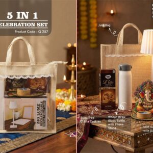 Q257 – Celebrations Set of 4: ZigLume Rechargeable Lamp, Glass bottle with phone stand, MDF Ganesha with Diya, Sugarfree D’Lite Cookies in Jute Gift Bag – Min 10 pcs