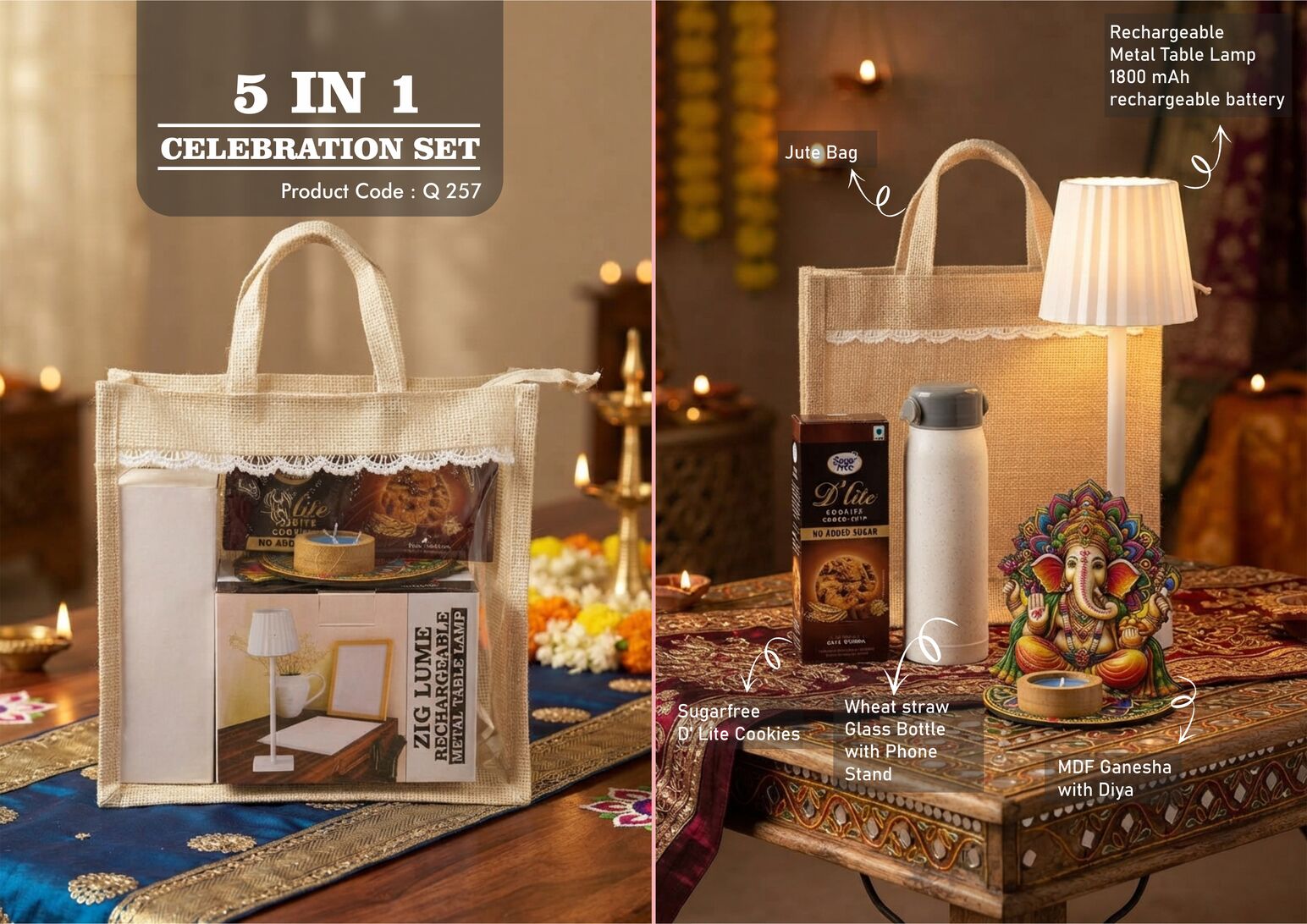 Q257 – Celebrations Set of 4: ZigLume Rechargeable Lamp, Glass bottle with phone stand, MDF Ganesha with Diya, Sugarfree D’Lite Cookies in Jute Gift Bag – Min 10 pcs