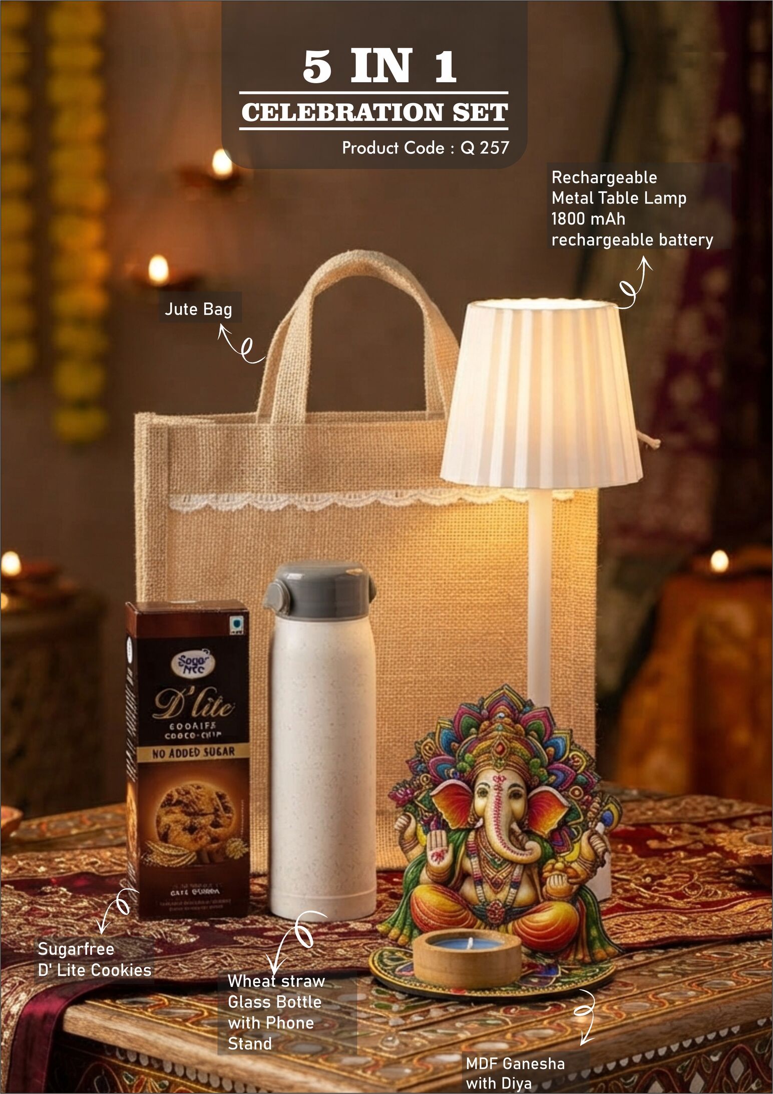 Q257 – Celebrations Set of 4: ZigLume Rechargeable Lamp, Glass bottle with phone stand, MDF Ganesha with Diya, Sugarfree D’Lite Cookies in Jute Gift Bag – Min 10 pcs - Image 2