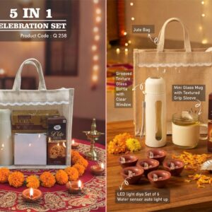 Q258 – Celebrations Set of 4: Groove texture Glass bottle, Mini Glass mug, LED Light Diya Set of 6, Sugarfree D’Lite Cookies in Jute Gift Bag – Min 10 pcs