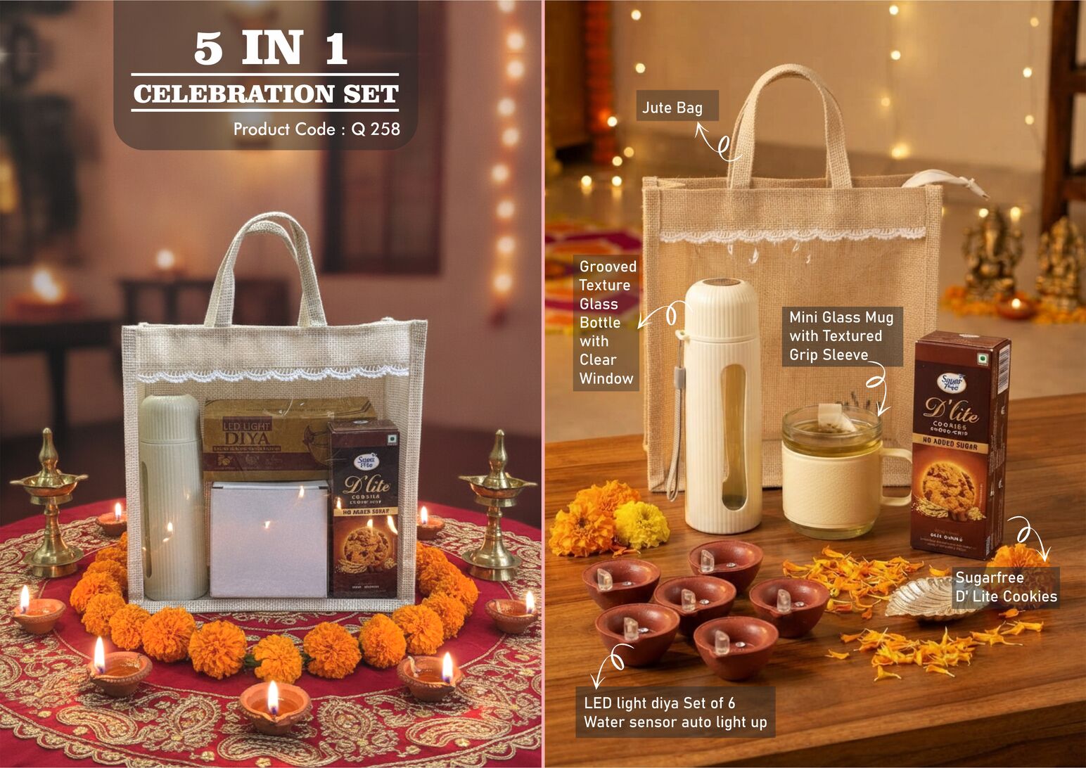 Q258 – Celebrations Set of 4: Groove texture Glass bottle, Mini Glass mug, LED Light Diya Set of 6, Sugarfree D’Lite Cookies in Jute Gift Bag – Min 10 pcs
