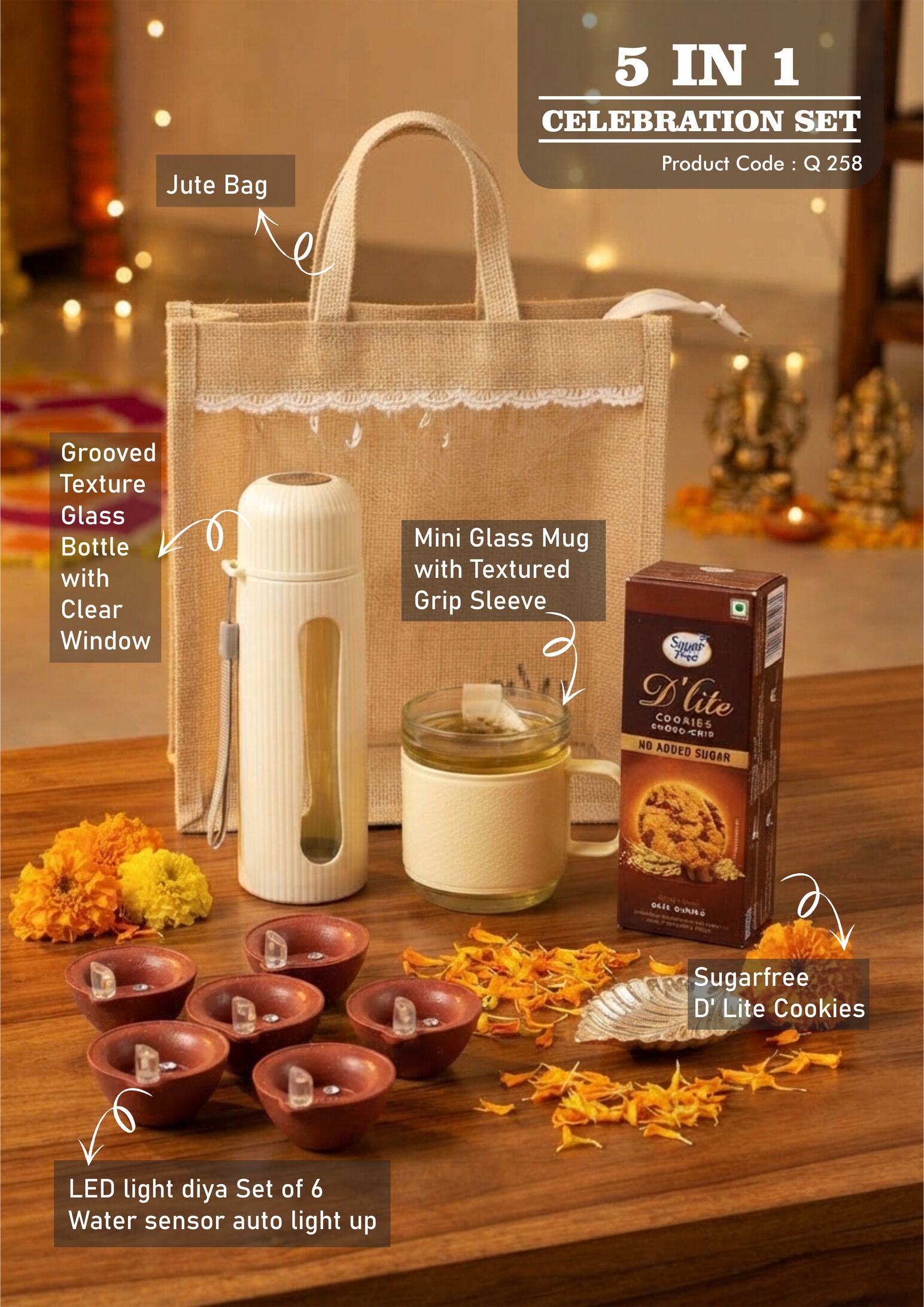 Q258 – Celebrations Set of 4: Groove texture Glass bottle, Mini Glass mug, LED Light Diya Set of 6, Sugarfree D’Lite Cookies in Jute Gift Bag – Min 10 pcs - Image 3