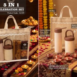 Q259 – Celebrations Set of 4: Glass bottle with Silicon strap, Glass jar with phone stand, LED Light Diya Set of 6, Sugarfree D’Lite Cookies in Jute Gift Bag – Min 10 pcs