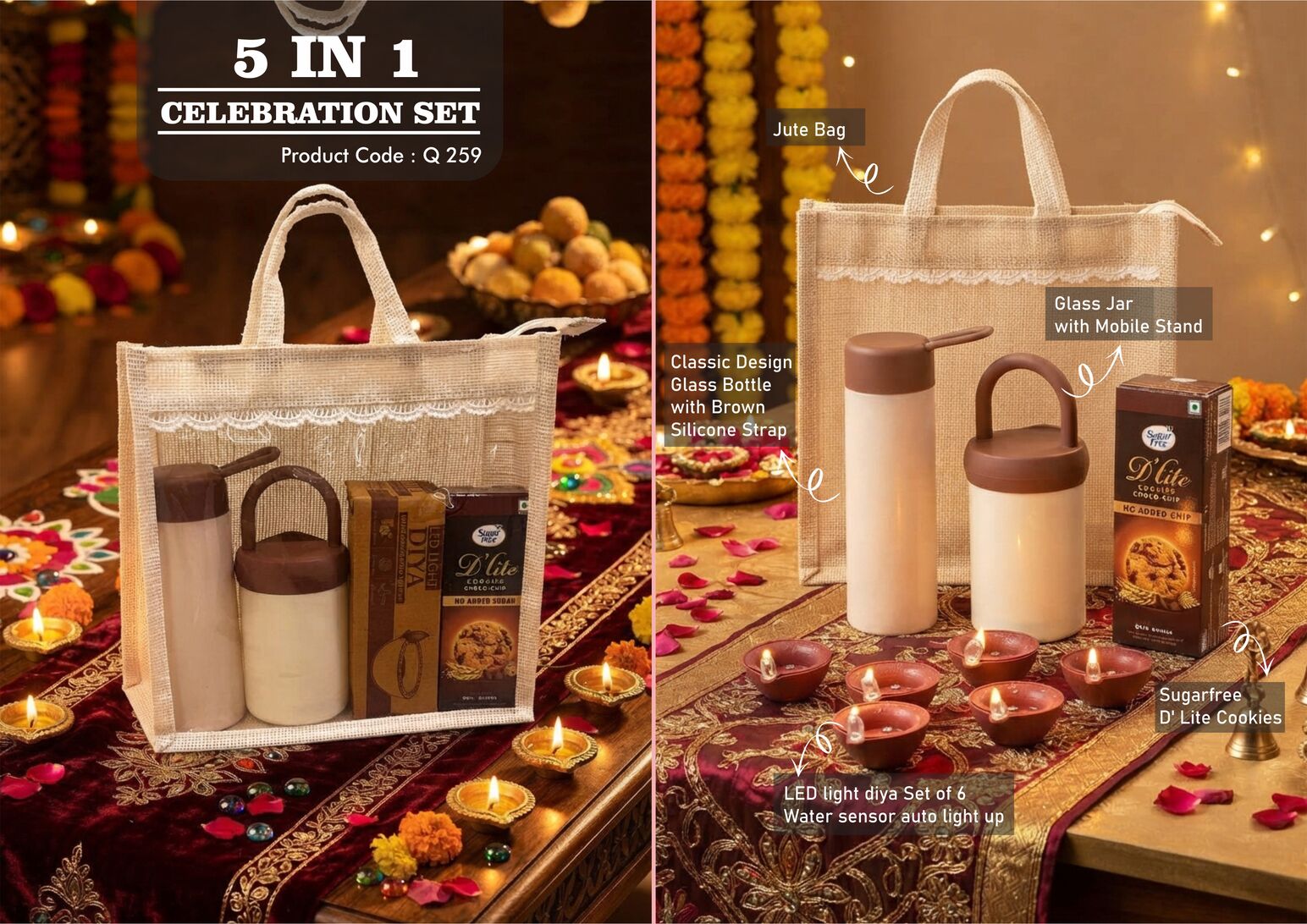 Q259 – Celebrations Set of 4: Glass bottle with Silicon strap, Glass jar with phone stand, LED Light Diya Set of 6, Sugarfree D’Lite Cookies in Jute Gift Bag – Min 10 pcs