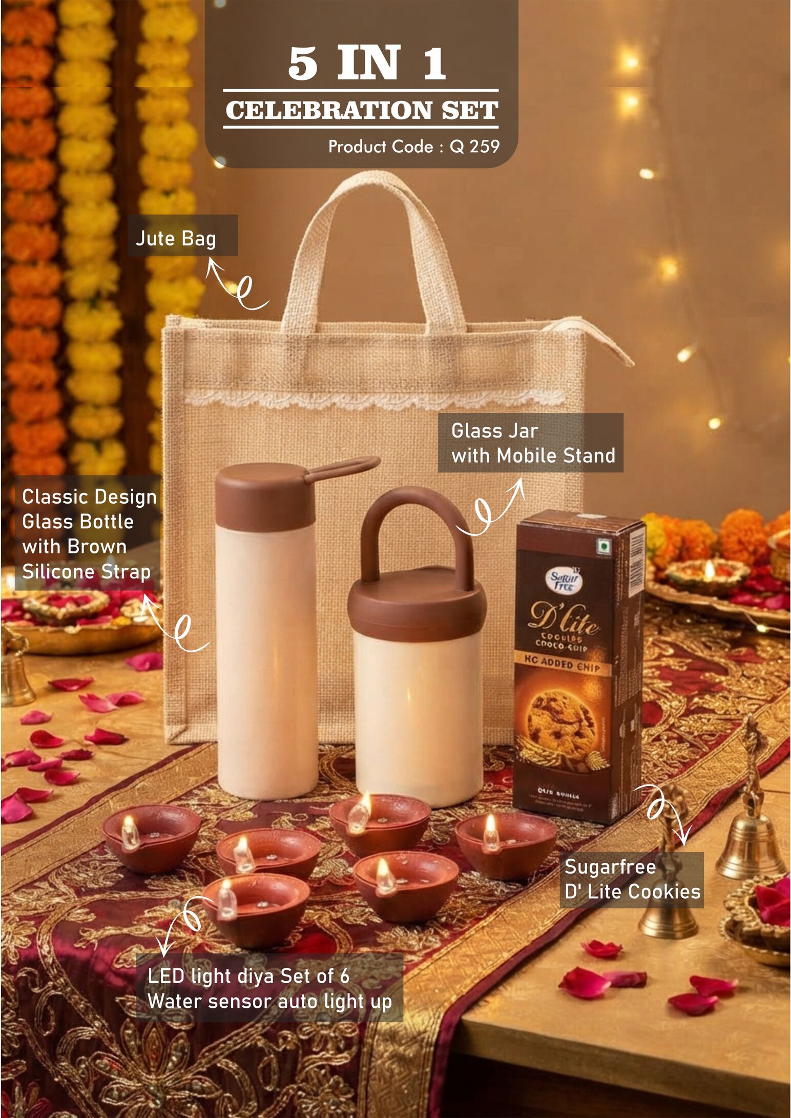 Q259 – Celebrations Set of 4: Glass bottle with Silicon strap, Glass jar with phone stand, LED Light Diya Set of 6, Sugarfree D’Lite Cookies in Jute Gift Bag – Min 10 pcs - Image 2