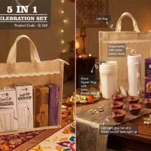 Q260 – Celebrations Set of 4: Duosip Tall Glass mug, Glass bottle with Metal plate, LED Light Diya Set of 6, Sugarfree D’Lite Cookies in Jute Gift Bag – Min 10 pcs