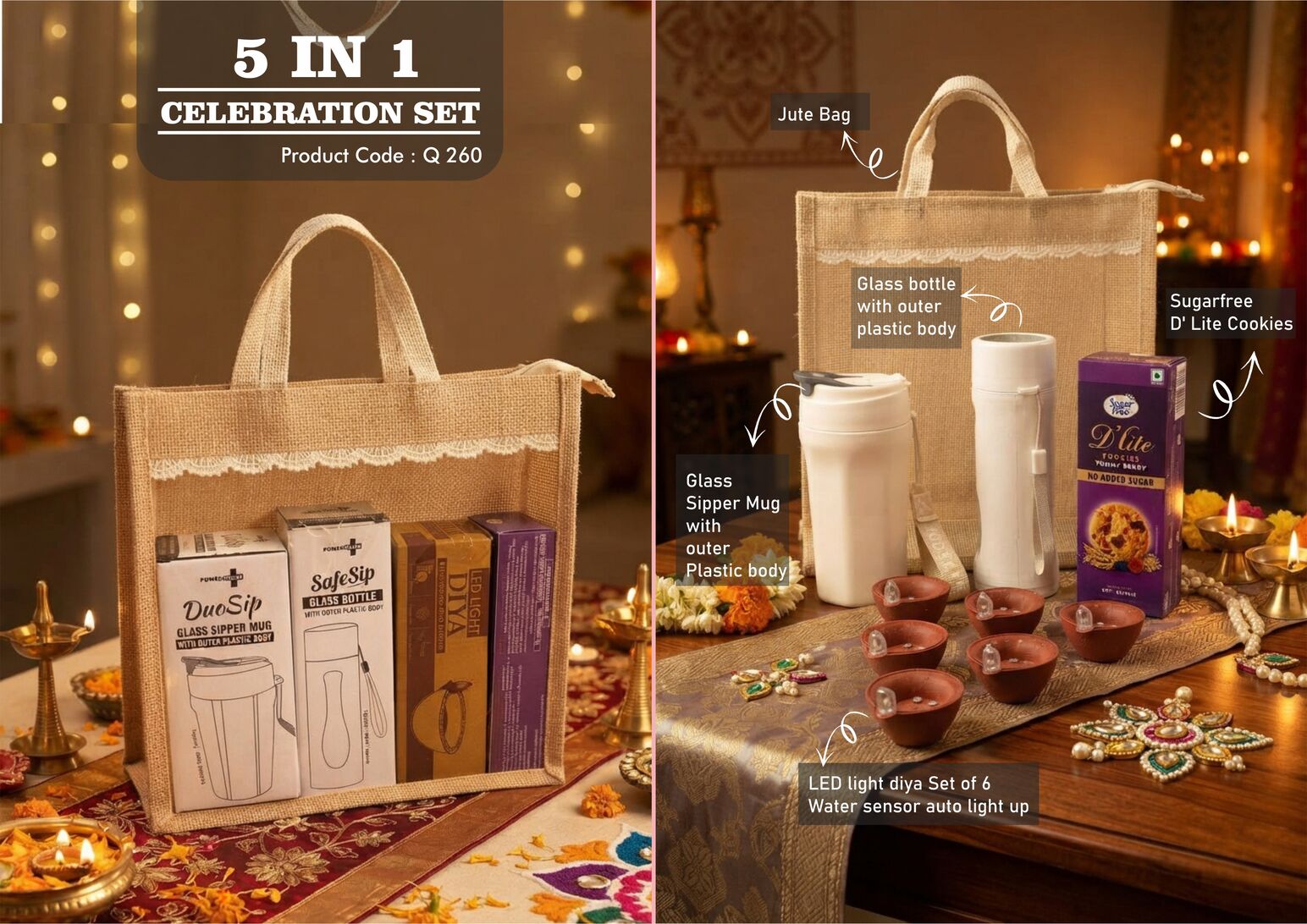 Q260 – Celebrations Set of 4: Duosip Tall Glass mug, Glass bottle with Metal plate, LED Light Diya Set of 6, Sugarfree D’Lite Cookies in Jute Gift Bag – Min 10 pcs