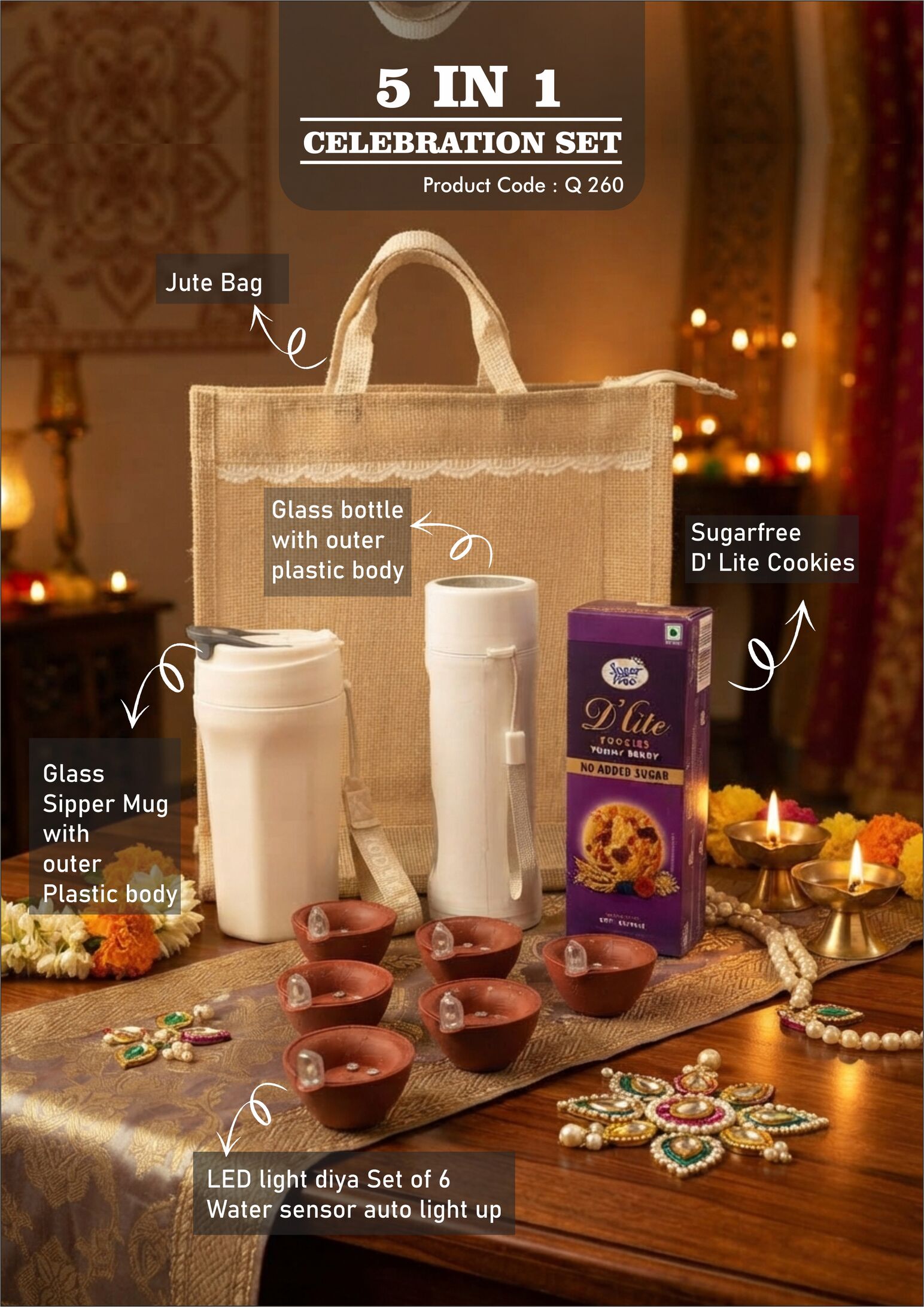 Q260 – Celebrations Set of 4: Duosip Tall Glass mug, Glass bottle with Metal plate, LED Light Diya Set of 6, Sugarfree D’Lite Cookies in Jute Gift Bag – Min 10 pcs - Image 2