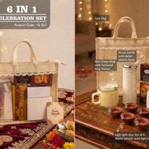 Q261 – Celebrations Set of 5: TV style clock with Backlight, Glass bottle with chrome lid, Mini Glass mug, LED Light Diya Set of 6, Sugarfree D’Lite Cookies in Jute Gift Bag– Min 10 pcs