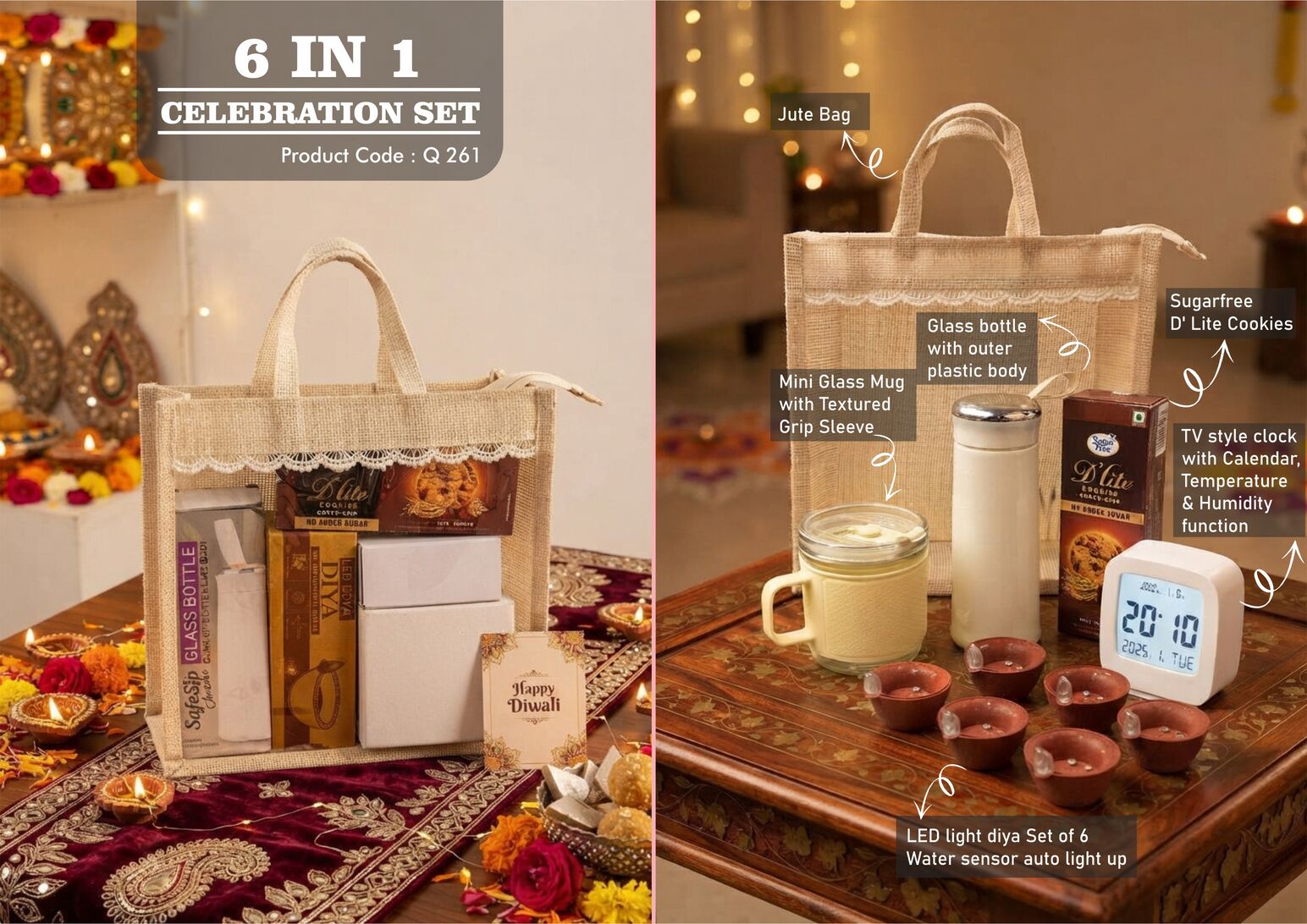 Q261 – Celebrations Set of 5: TV style clock with Backlight, Glass bottle with chrome lid, Mini Glass mug, LED Light Diya Set of 6, Sugarfree D’Lite Cookies in Jute Gift Bag– Min 10 pcs