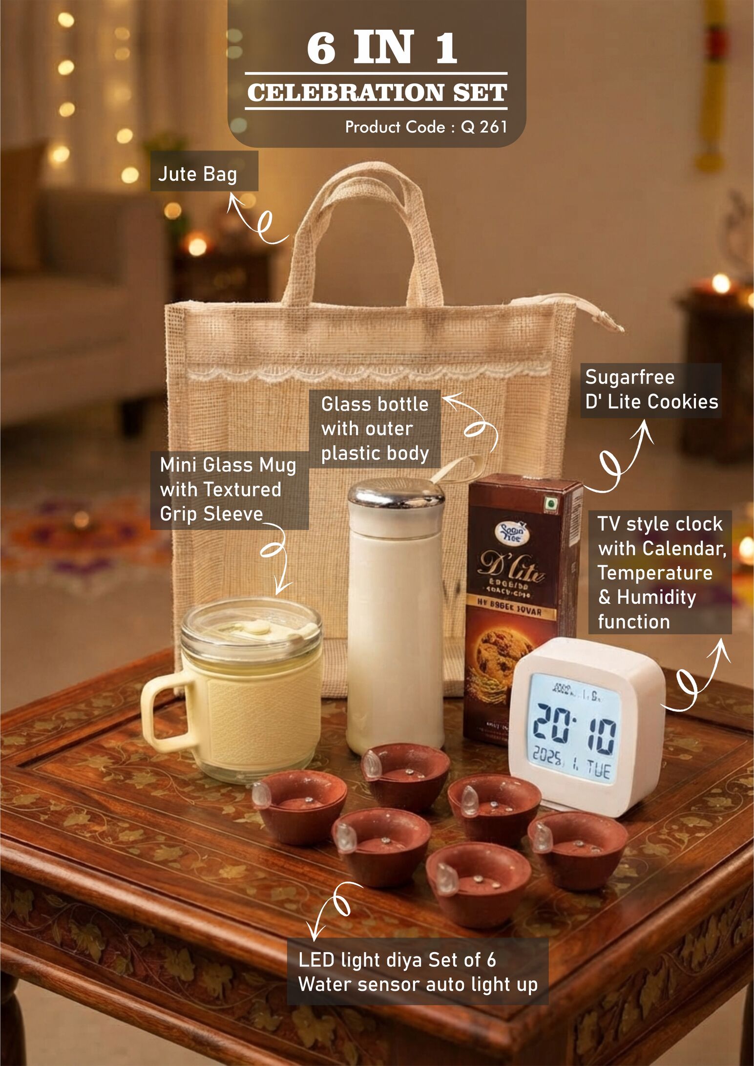 Q261 – Celebrations Set of 5: TV style clock with Backlight, Glass bottle with chrome lid, Mini Glass mug, LED Light Diya Set of 6, Sugarfree D’Lite Cookies in Jute Gift Bag– Min 10 pcs - Image 3