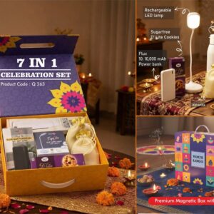 Q262 – Celebrations Set of 7: RGB Clock with Bluetooth speaker, Glass bottle with Jute sleeve, Rechargeable Table Lamp, LED Light Diya Set of 6, Almonds in pouch packing, Cashews in pouch packing, Sugarfree D’Lite Cookies in Jute Gift Bag  – Min 10 pcs