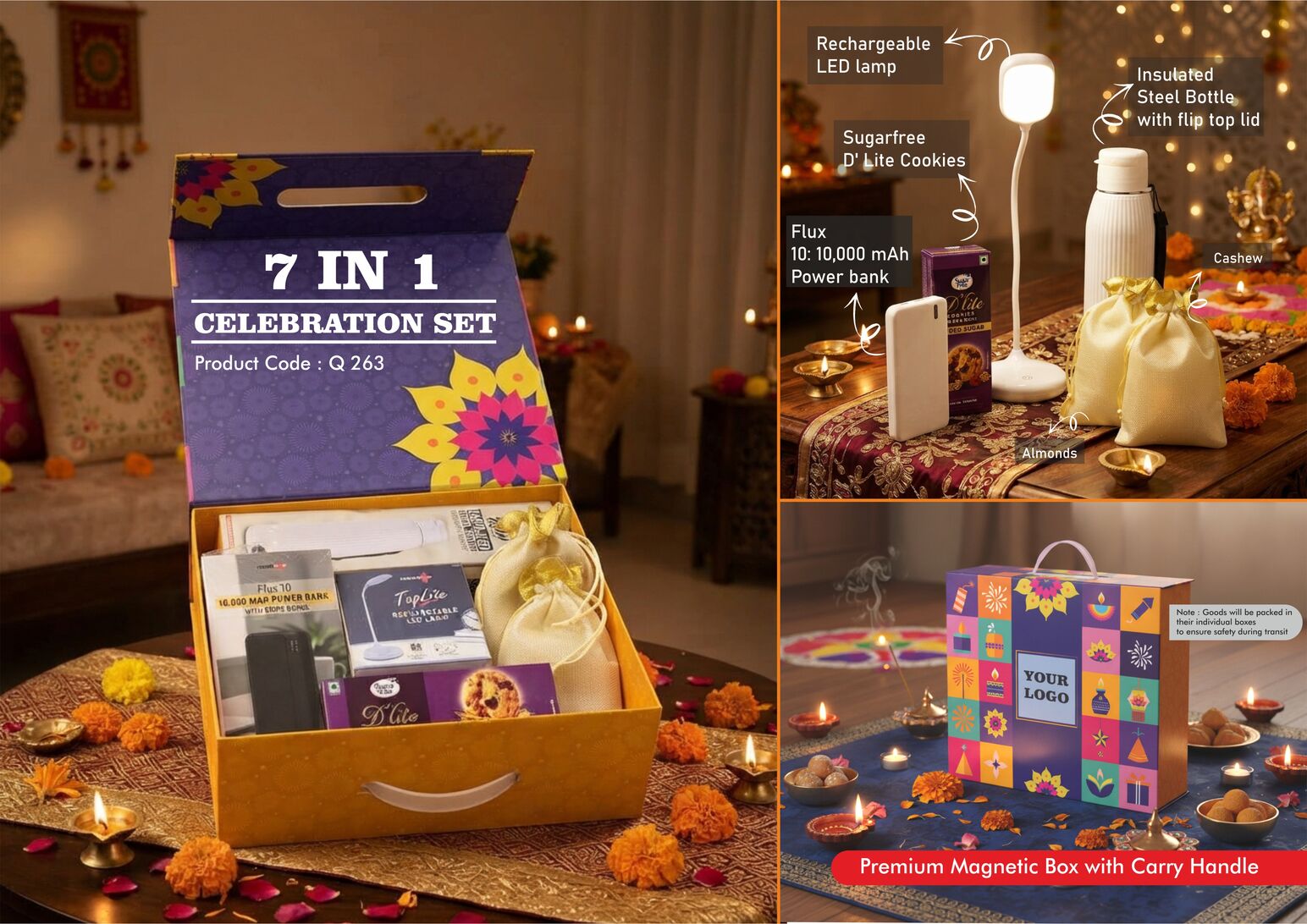 Q263 – Celebrations Set of 6: Ribd SS Insulated Bottle, Rechargeable Table Lamp, 10,000 mAh Power Bank, Almonds in pouch packing, Cashews in pouch packing, Sugarfree D’Lite Cookies in Jute Gift Bag – Min 10 pcs