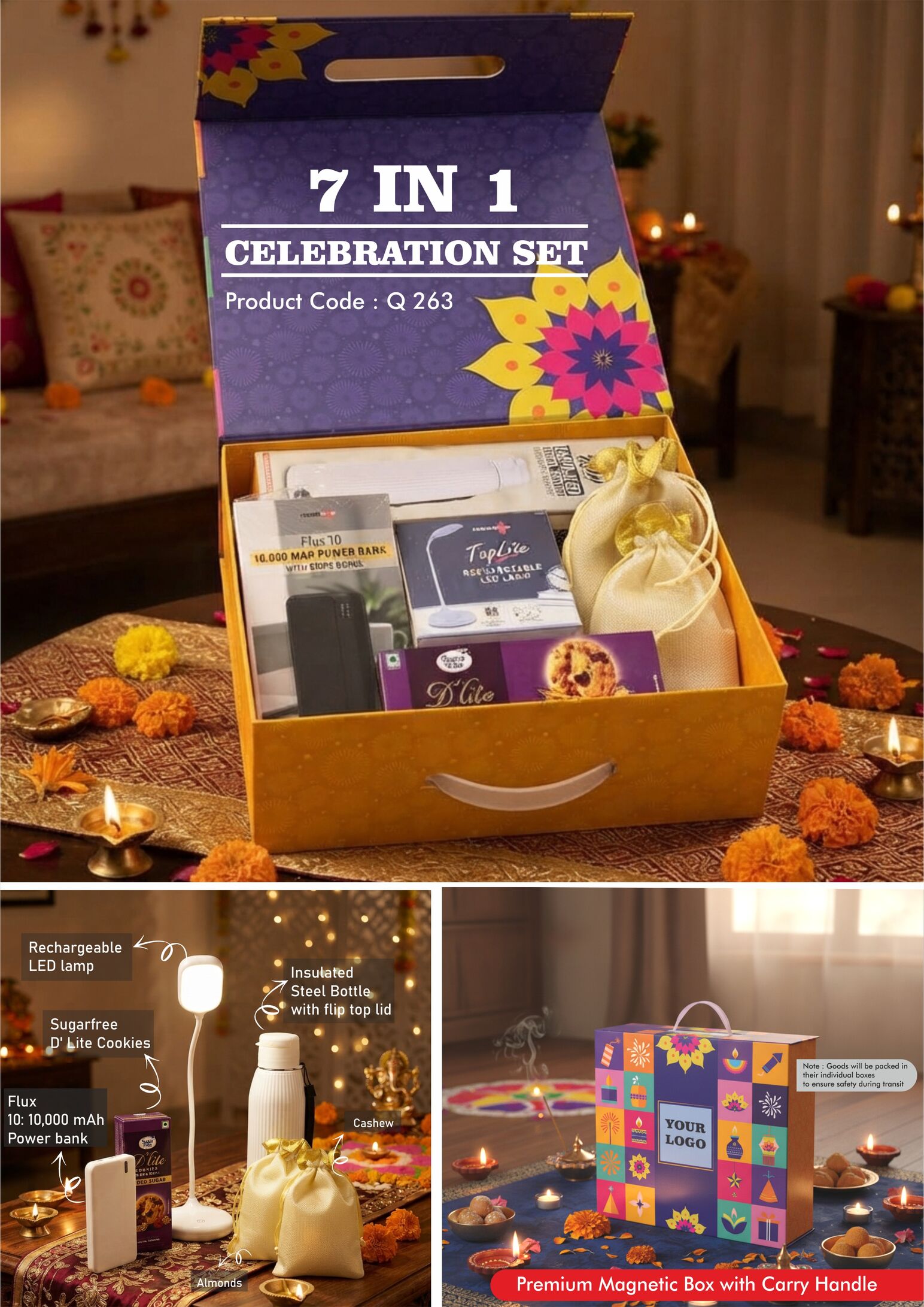 Q263 – Celebrations Set of 6: Ribd SS Insulated Bottle, Rechargeable Table Lamp, 10,000 mAh Power Bank, Almonds in pouch packing, Cashews in pouch packing, Sugarfree D’Lite Cookies in Jute Gift Bag – Min 10 pcs - Image 2