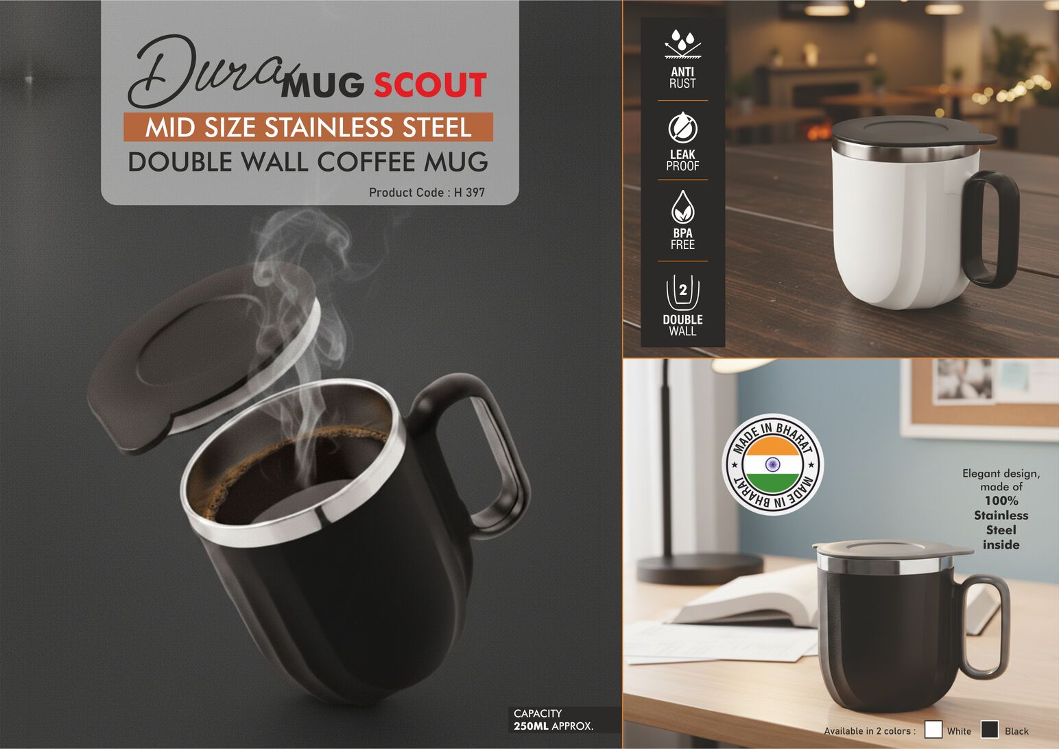 H397 – DuraMug Scout: Mid Size Stainless Steel Double wall Coffee mug | Leak Proof | Capacity 250ml approx– Min 10 pcs