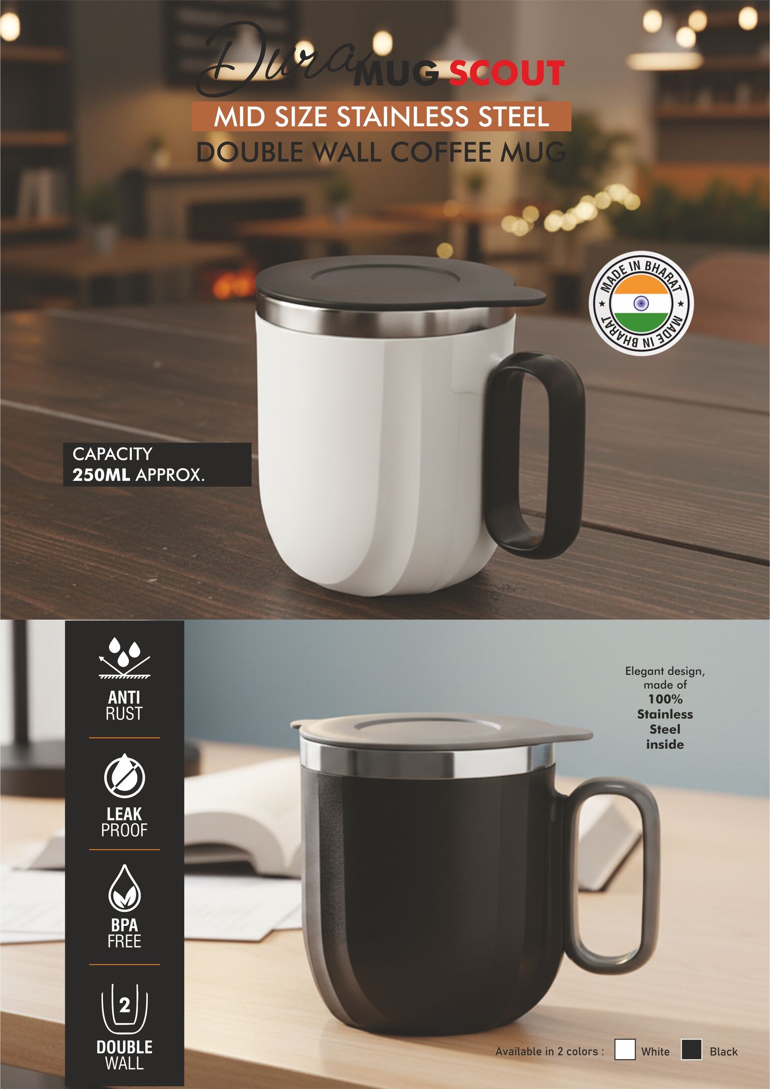 H397 – DuraMug Scout: Mid Size Stainless Steel Double wall Coffee mug | Leak Proof | Capacity 250ml approx– Min 10 pcs - Image 2