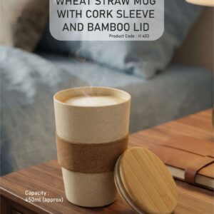 H403 – Corky: Wheat straw mug with cork sleeve and Bamboo Lid | Capacity 450ml (approx)– Min 10 pcs