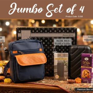Q265 – Jumbo Set of 4: Premium Travel Bag, Hard Shell Travel Organizer, 10,000 mAh Power Bank, Sugarfree D’Lite Cookies in Gift Box – Min 10 pcs