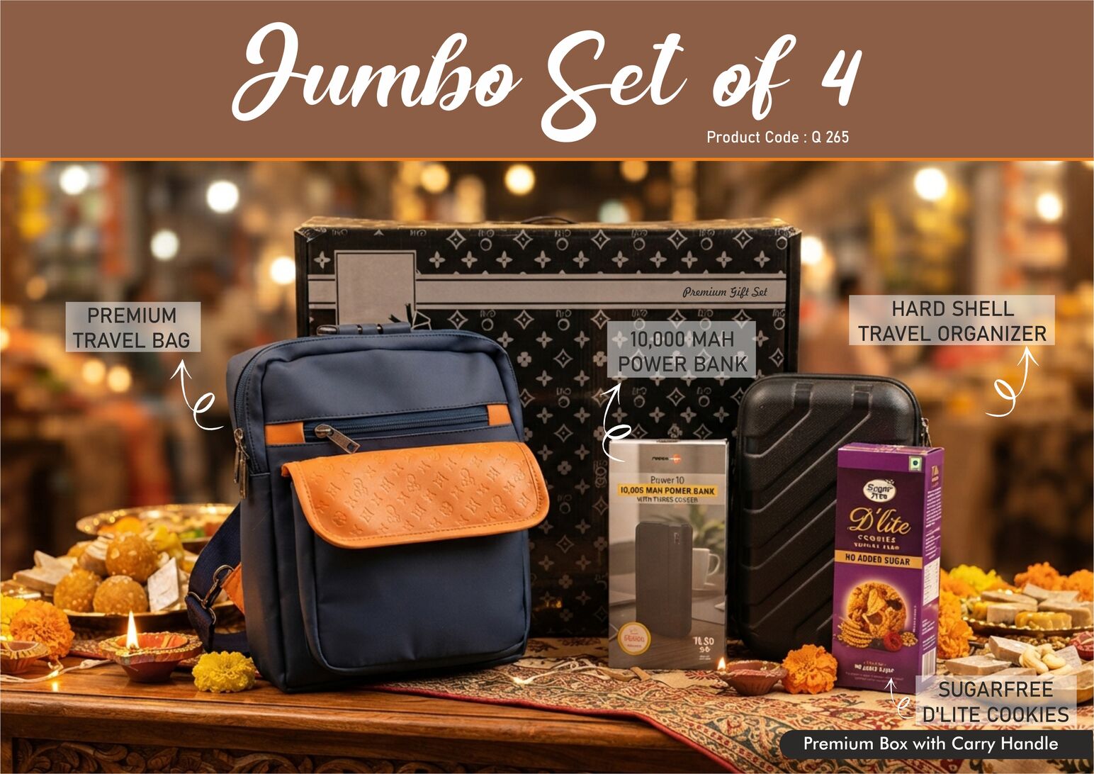Q265 – Jumbo Set of 4: Premium Travel Bag, Hard Shell Travel Organizer, 10,000 mAh Power Bank, Sugarfree D’Lite Cookies in Gift Box – Min 10 pcs