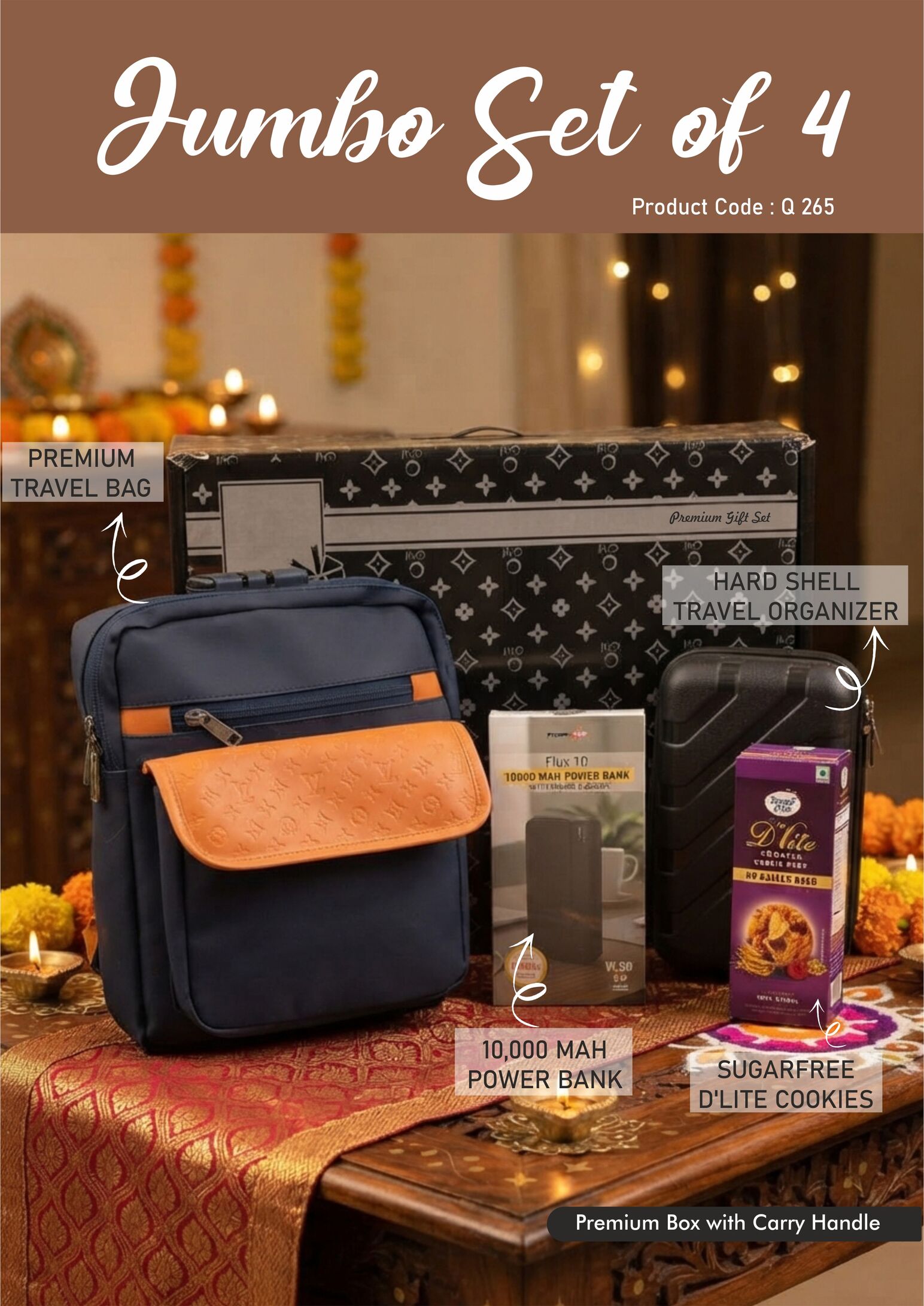 Q265 – Jumbo Set of 4: Premium Travel Bag, Hard Shell Travel Organizer, 10,000 mAh Power Bank, Sugarfree D’Lite Cookies in Gift Box – Min 10 pcs - Image 2