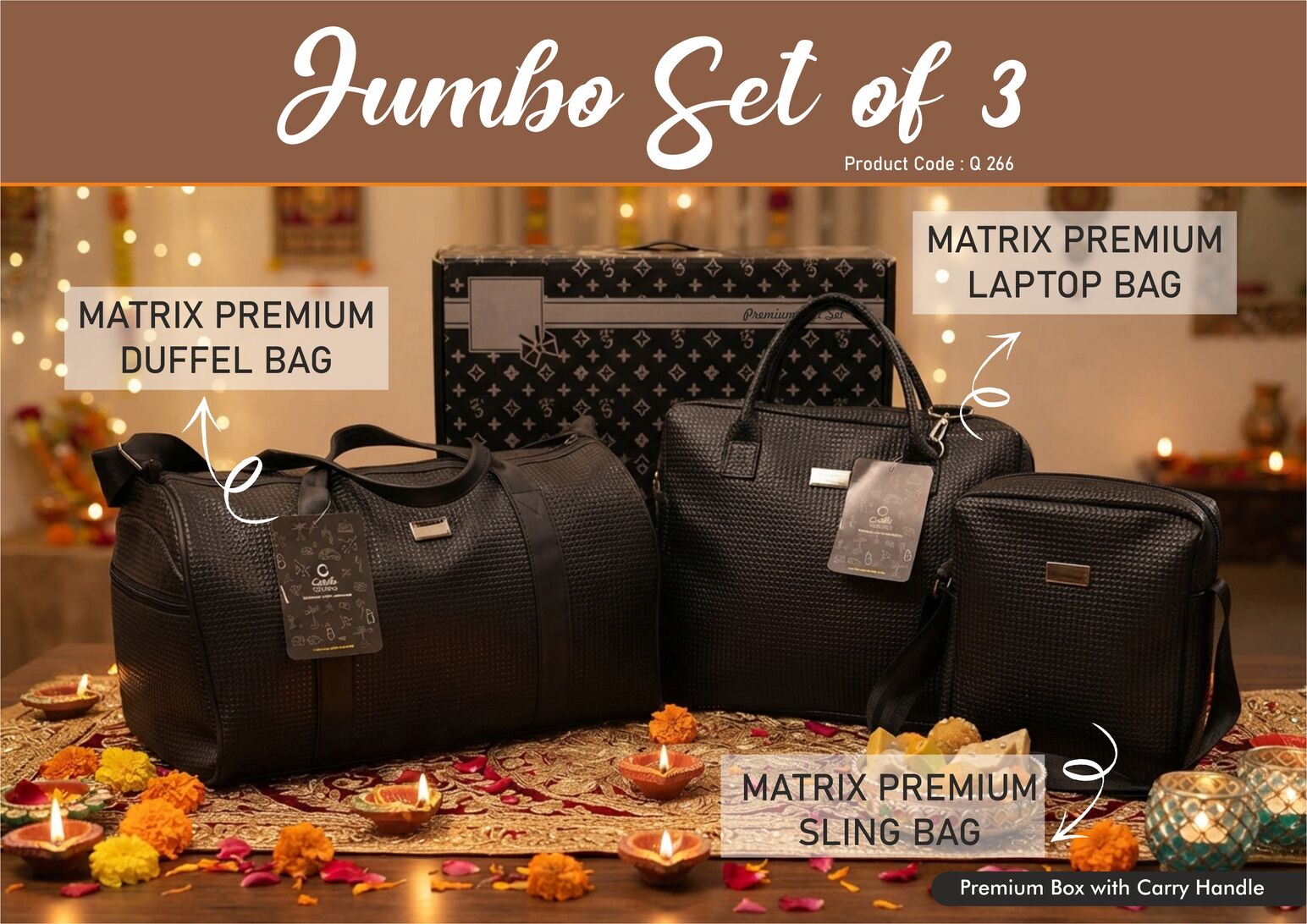 Q266 – Jumbo Set of 3: Matrix Premium Duffel Bag, Matrix Premium Laptop Bag, Matrix Premium Sling Bag in Gift Box– Min 10 pcs