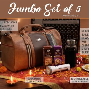 Q267 – Jumbo Set of 5: Croc Premium Duffel Bag, Rechargeable Torch with Lamp, Gallon style glass bottle with Sleeve, Sugarfree D’Lite Cookies in Gift Box– Min 10 pcs